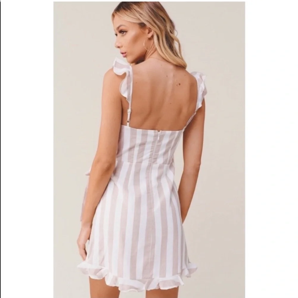 Saints + Secrets Stripes Denim Sweetheart Faux Wrap Dress Blue White Ruffle Mini - Picture 14 of 15